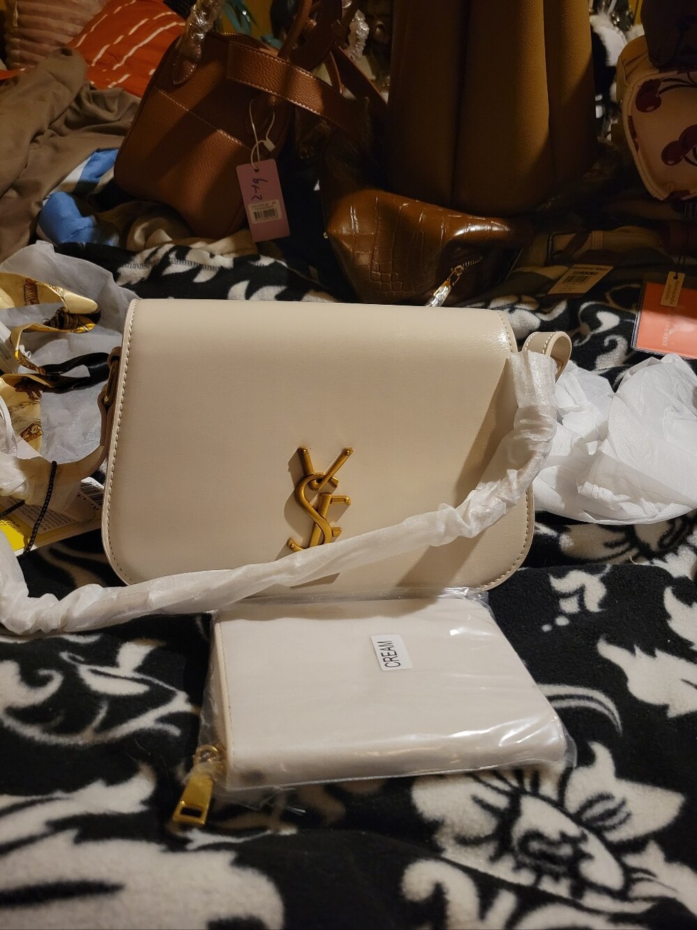 Cream Leather Crossbody Bag with Gold Logo